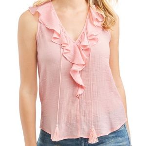 No Boundaries Lace-Up Ruffle Front Woven Tank Top